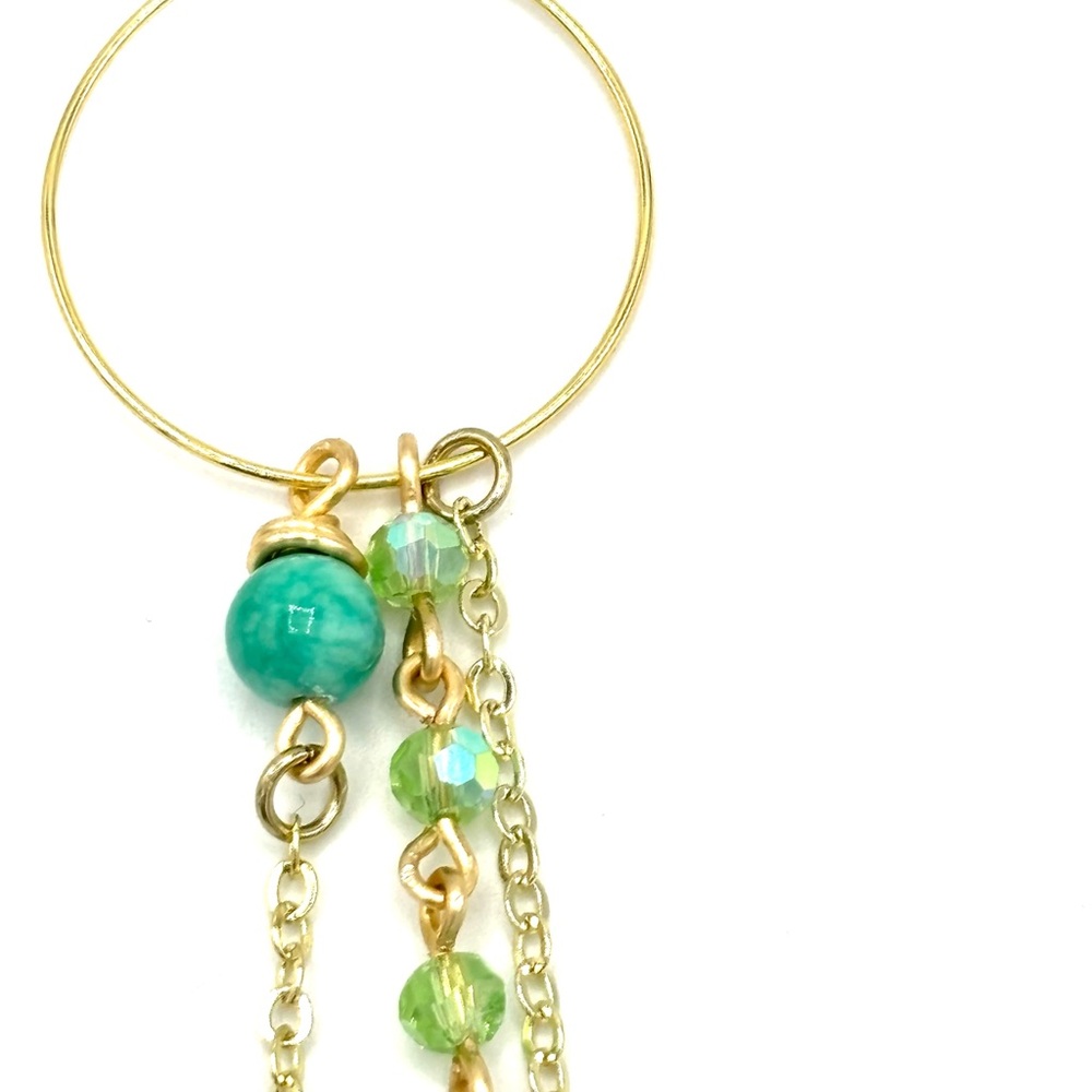 Hand Crafted Gold Hoop Earrings with Green and Gold Accents - Picture 4 of 7